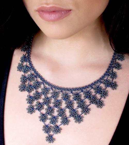 midnight blue petals cascade crochet necklace - silk and wool crochet - ericsaa