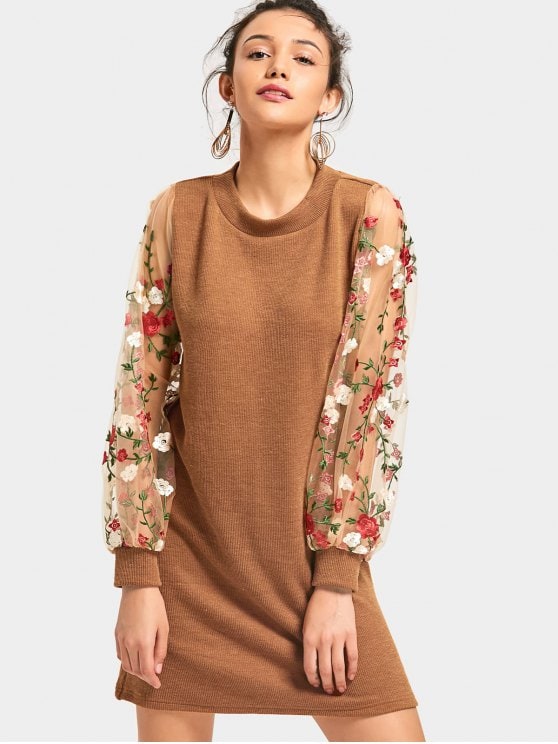 outfits mesh panel floral mini knitted dress - brown s ffqkhpi