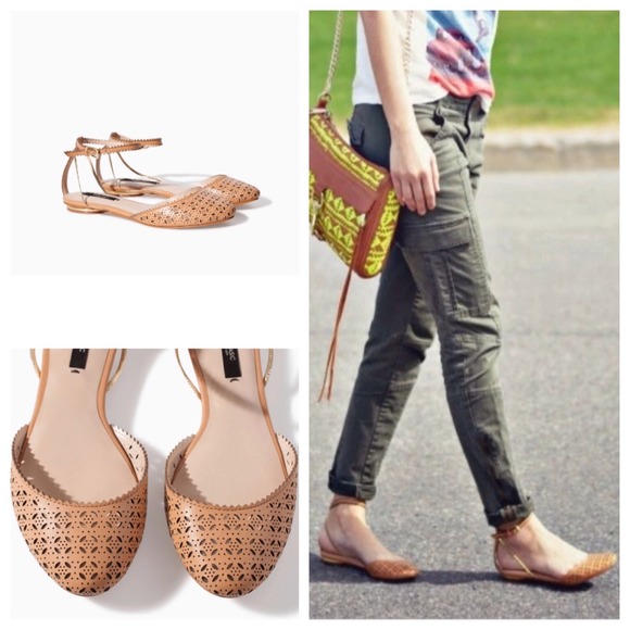 Zara Shoes | Price Drop Tan Ankle Strap Flats | Poshmark