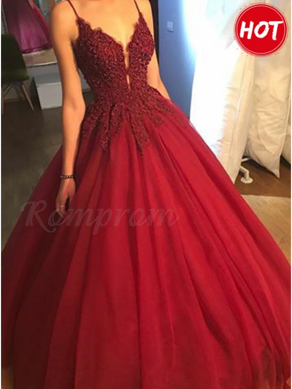 Ball Gown Spaghetti Straps Long Burgundy Prom Dress with Appliques