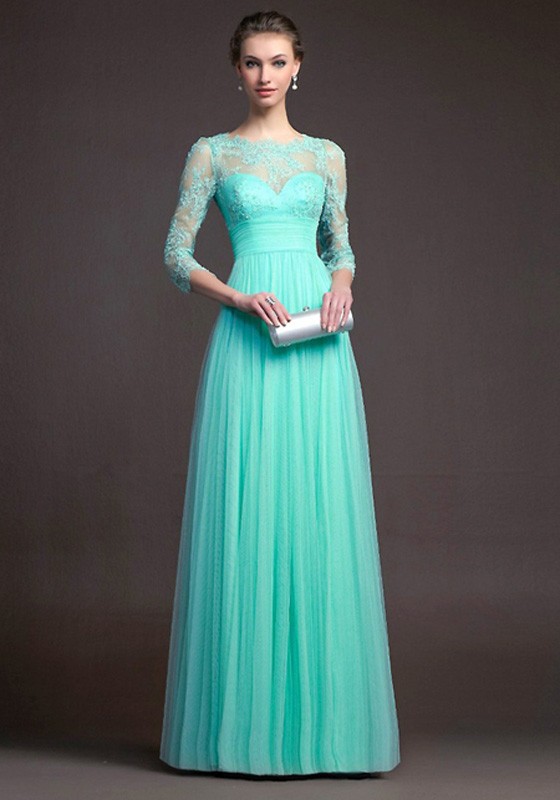 Turquoise blue Lace Pleated 3/4 Sleeve Elegant Fashion Ball Gown