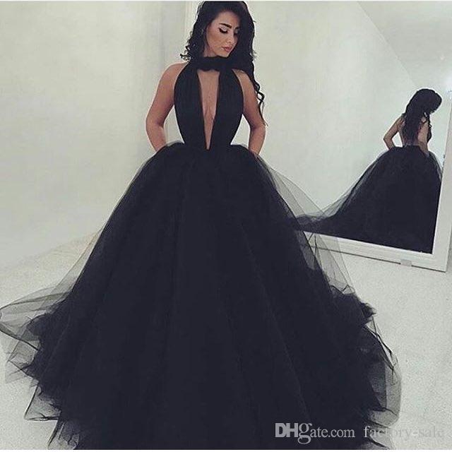 2017 Gorgeous Plunging V Neck Prom Dresses Ball Gown Black Sexy