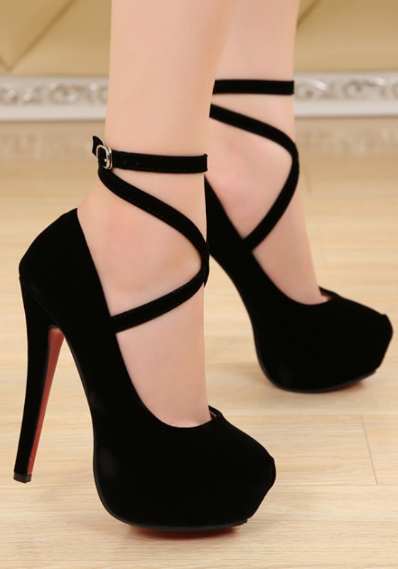 Black Round Toe Stiletto Buckle Fashion High-Heeled Shoes - Pumps