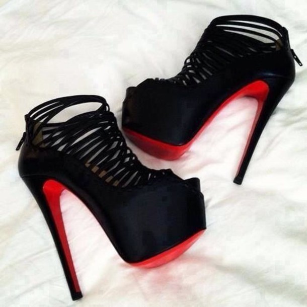shoes, black high heels, red heels, high heels, strappy black heels