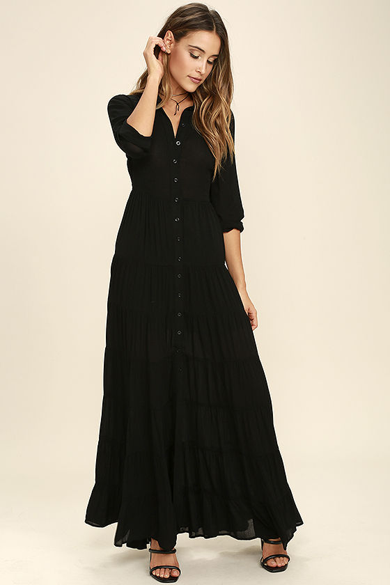 Boho Dress - Black Dress - Maxi Dress - Long Sleeve Dress - $74.00