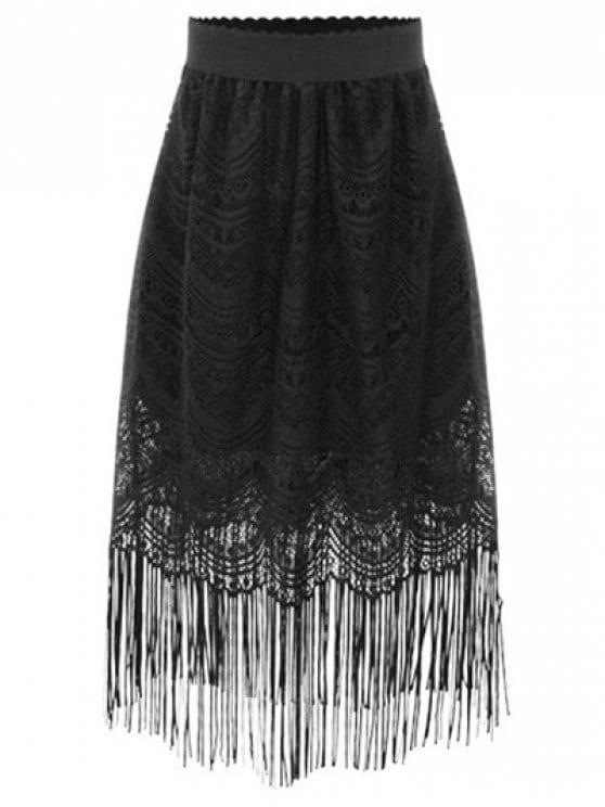 32% OFF] 2019 Black Fringe High Waist A-Line Lace Skirt In BLACK S