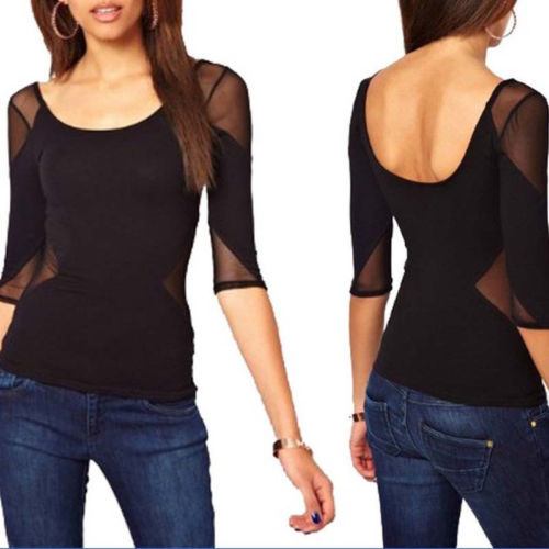 New Sexy 2014 Black Tops 3/4 Sleeve O Neck T Shirt for women Slim