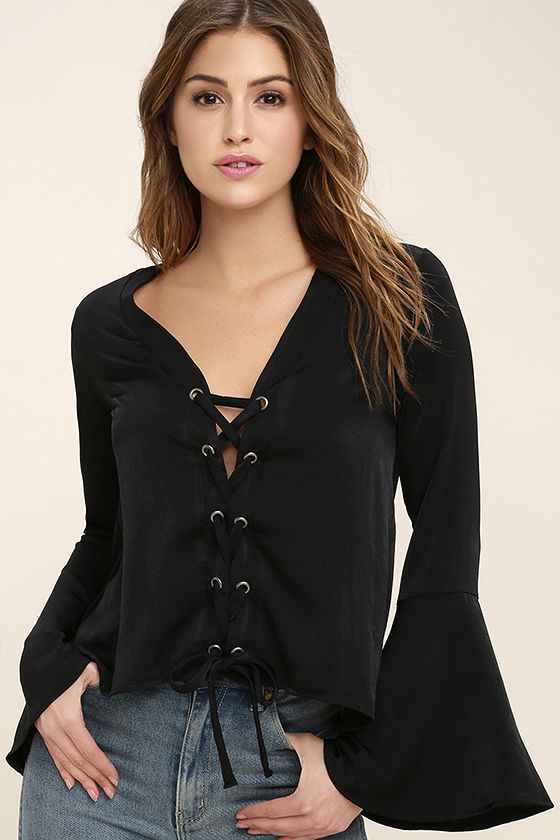 Lovely Black Top - Long Sleeve Top - Lace-Up Top - Satin Blouse - $43.00