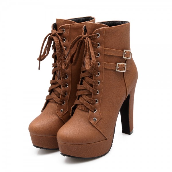Tan Short Boots Vegan Leather Lace up Platform Chunky Heel Ankle