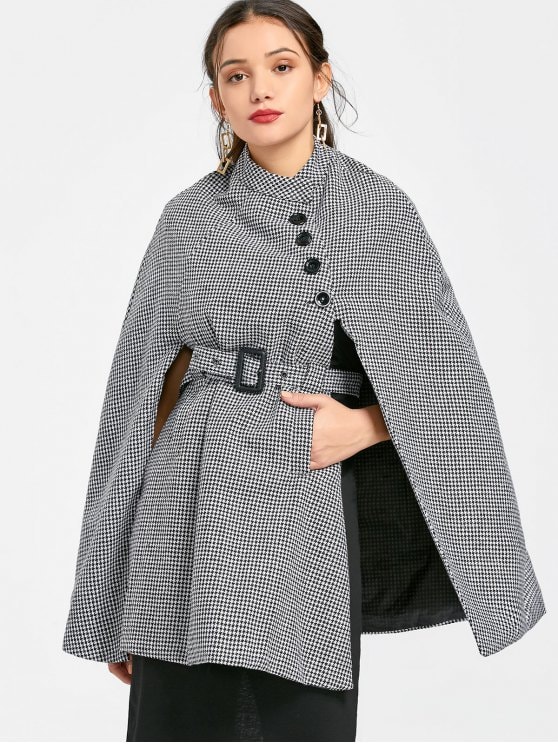 31% OFF] 2019 Houndstooth Belted Cape Coat With Pockets In