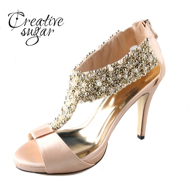 Handmade champagne color T strap satin sandals with sewed pearl and