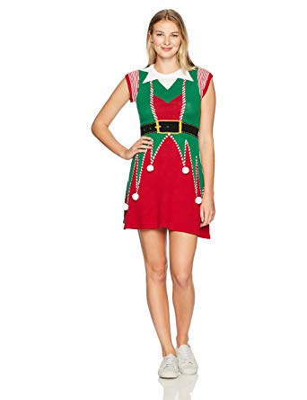 Ugly Christmas Sweater Company Women's Elf Sweater Dress at Amazon