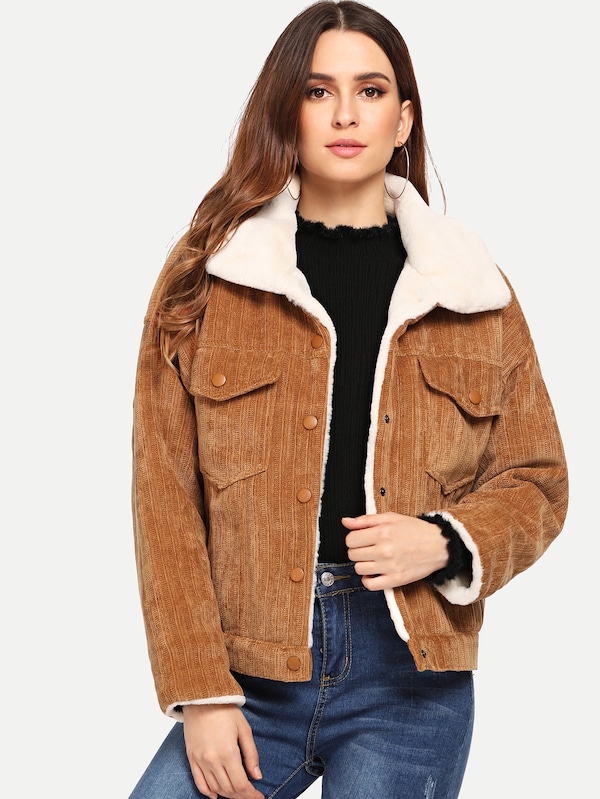 Shoptagr | Faux Fur Lined Corduroy Jacket by Sheinside