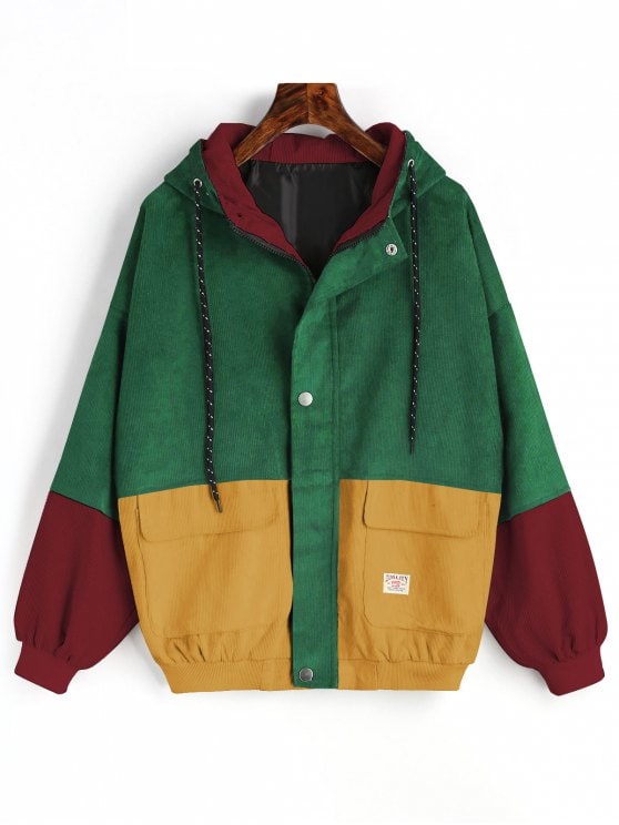 53% OFF] [HOT] 2019 Hooded Color Block Corduroy Jacket In GREEN S