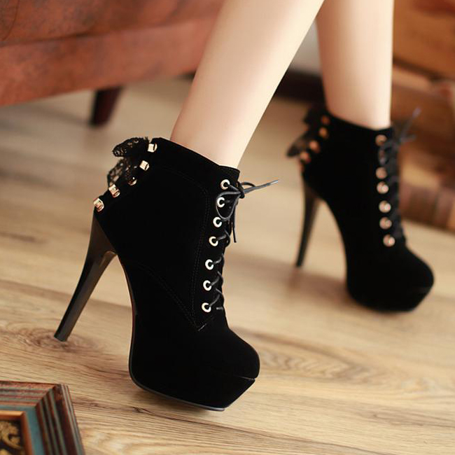 Cute Black High Heel Boots With Lace Detail on Luulla