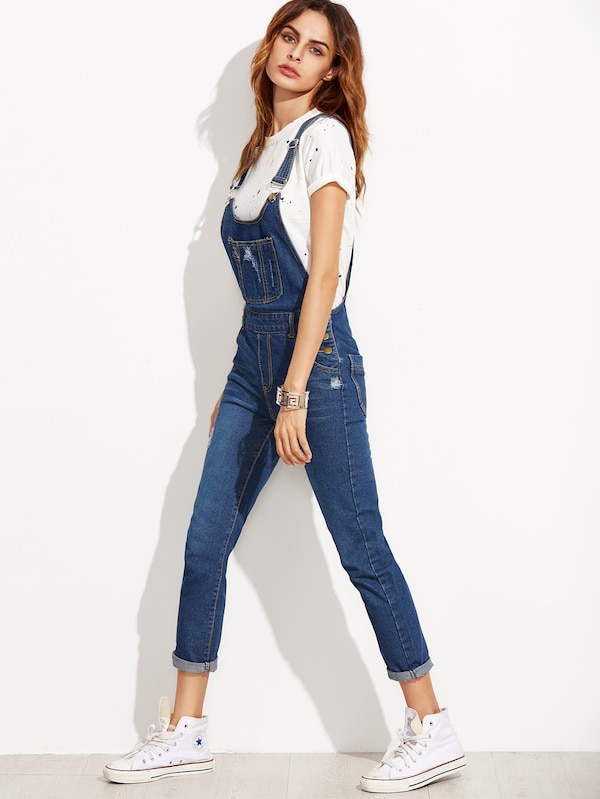 Ripped Denim Dungarees With Pocket | SHEIN