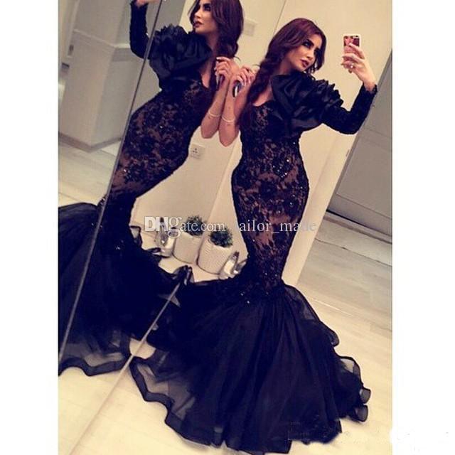 Arabic India 2018 Formal Mermaid Evening Dresses Long Sleeves Black