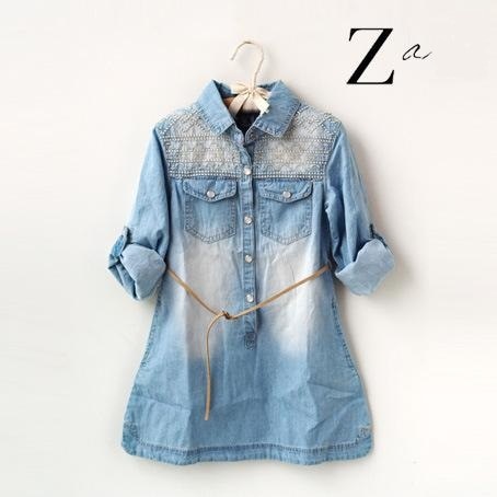2015 new brand girl long sleeve denim shirt dress with embroidered
