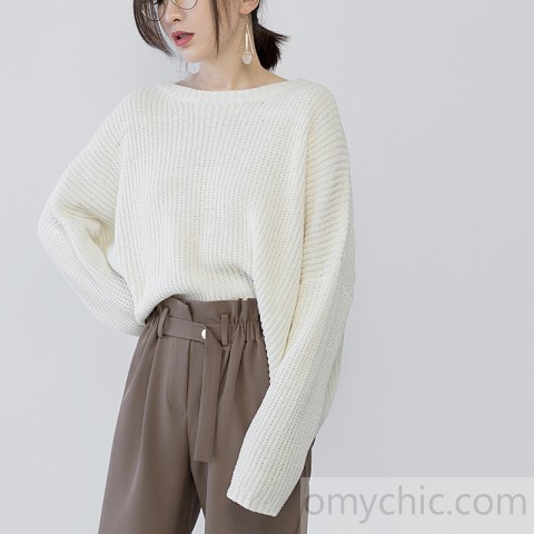 women beige knit sweaters Loose fitting O neck casual Batwing Sleeve