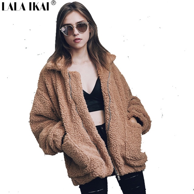 LALA IKAI 4 Colors Loose Faux Fur Jackets Women Plus Size 3XL 2XL