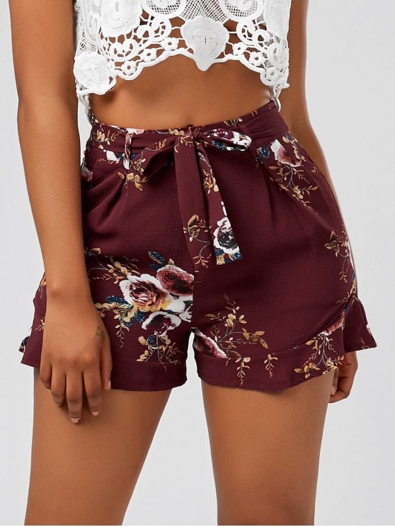 28% OFF] 2019 High Waisted Ruffle Trim Floral Shorts In DEEP RED XL