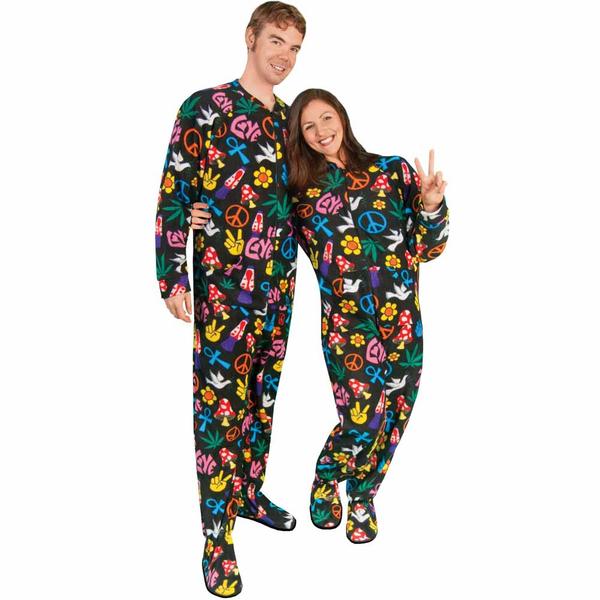 Peace Sign Fleece Adult Footed Pajamas with Drop Seat - *Limited
