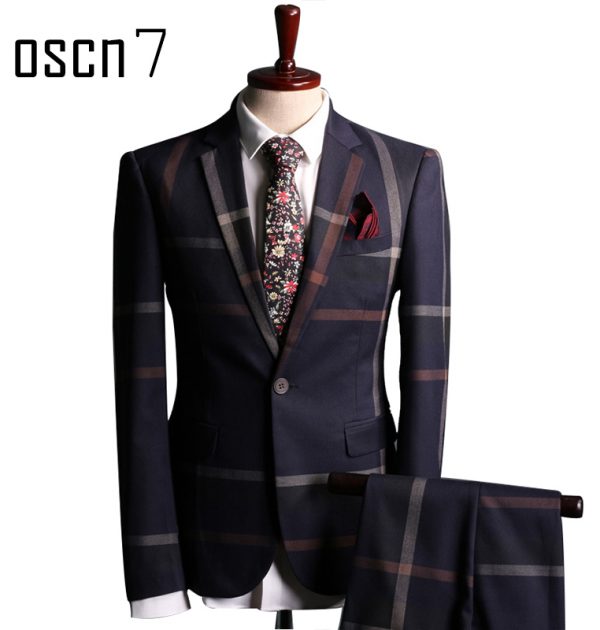 OSCN7 Navy Blue Slim Fit Plaid Suit Men Notch Lapel Business Formal
