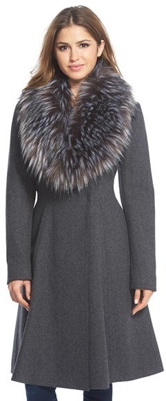Vera Wang Serena Faux Fur Collar Wool Blend Fit Flare Coat, $498