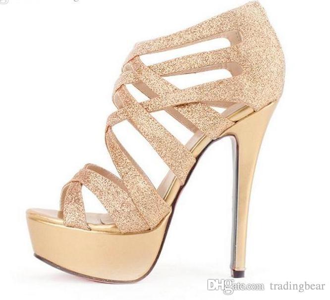 Glitter Women High Heels Gold Dress Sandals Crossover Strappy