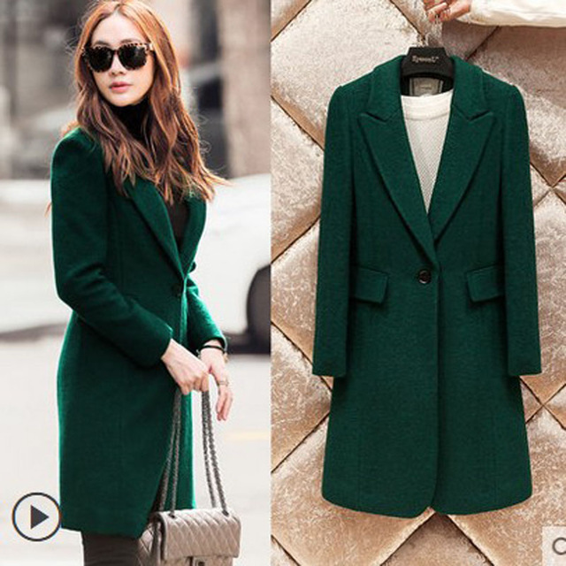 Autumn Winter Fashion Turn down Collar Dark Green Coat Women's