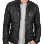 men's fitted dark grey leather jacket with zipper pockets