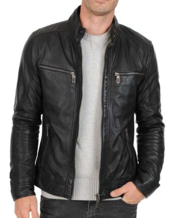 men's fitted dark grey leather jacket with zipper pockets