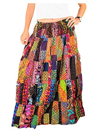 Patchwork Gypsy Skirt Tiered Maxi Long Cotton Boho Floral Flared