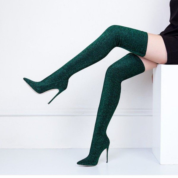 Green Thigh High Heel Boots Pointy Toe Elastic Stiletto Heel Shoes