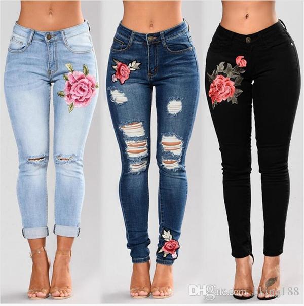 Flower Embroidered Ripped Jeans For Women Sexy Casual Big Stretch