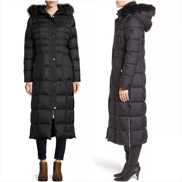Larry Levine Jackets & Coats | Quilted Maxi Coat With Faux Fur Trim