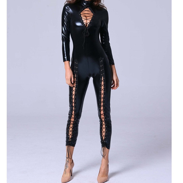 Black PU Leather Jumpsuit Women Backless Hollow Out Skinny Patent