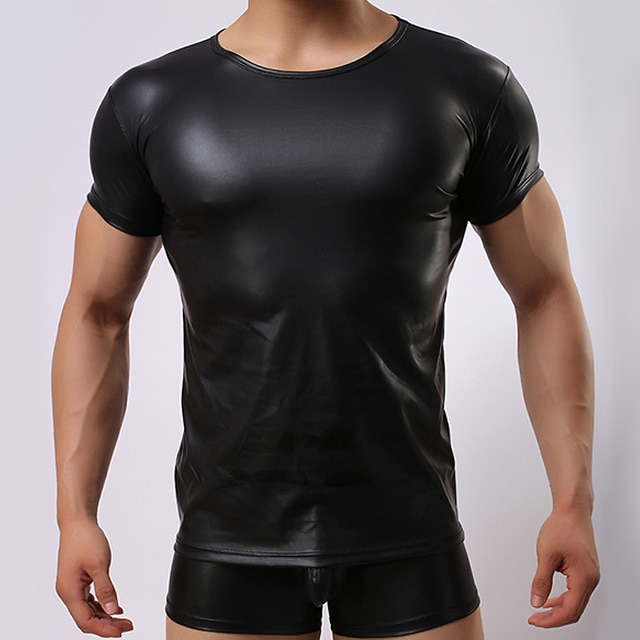 Fashion Men's Black Faux Leather Shirts For Mens Casual T Shirts Men