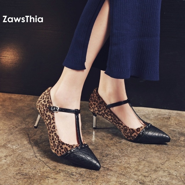 ZawsThia girls sexy black leopard pointed toe party club high heels