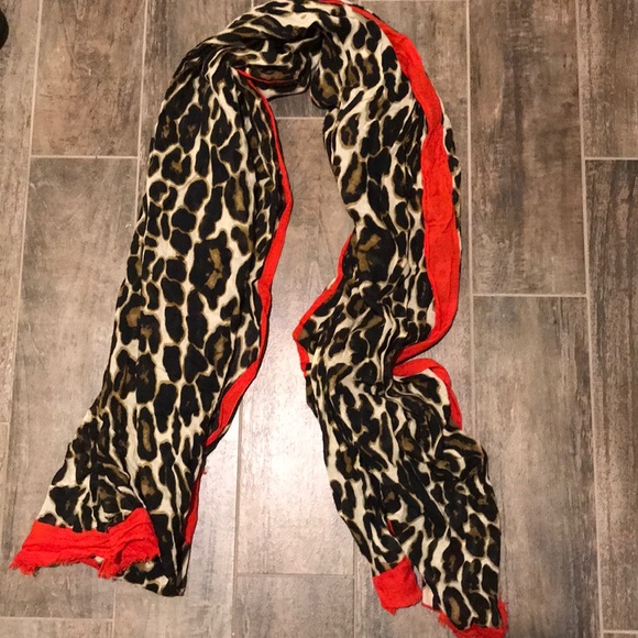 Zara Accessories | Leopard Scarf With Orangered Trim | Poshmark