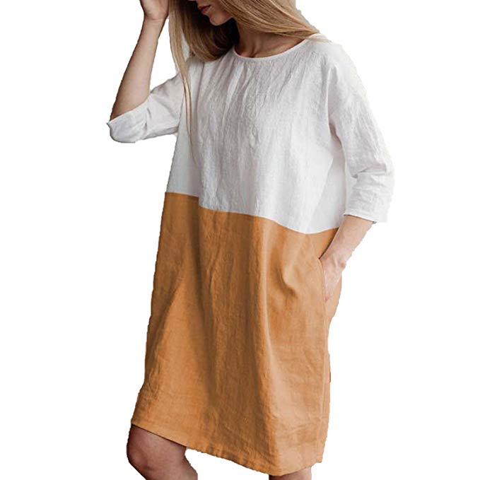 2018 Loose Cotton Linen Summer Dress Women Pockets Dress Patchwork