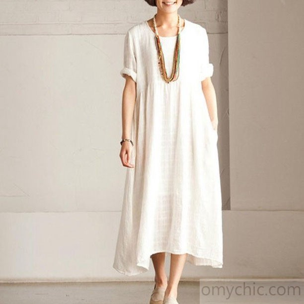 Fine white Short sleeve linen dress summer long dress - Summer Dresses