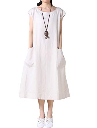 Mordenmiss Women's Cotton Linen Dresses Cap Sleeve Summer Dress with
