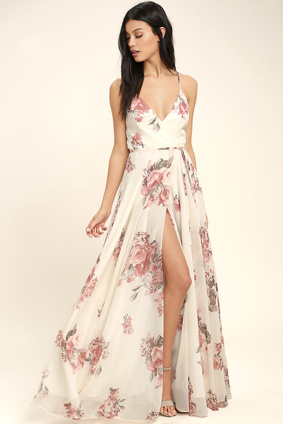 Lovely Cream Floral Print Dress - Wrap Dress - Maxi Dress