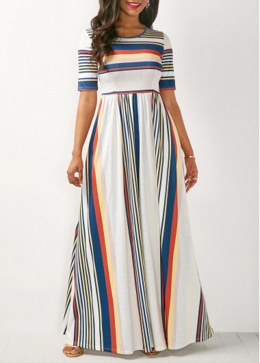 Stripe Print White High Waist Maxi Dress | Rotita.com - USD $33.66