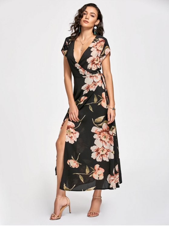 23% OFF] 2019 Floral Print Maxi Wrap Dress In BLACK L | ZAFUL