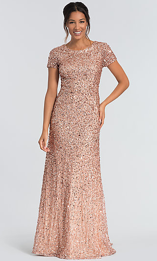 Adrianna Papell Long Rose Gold Sequin MOB Dress