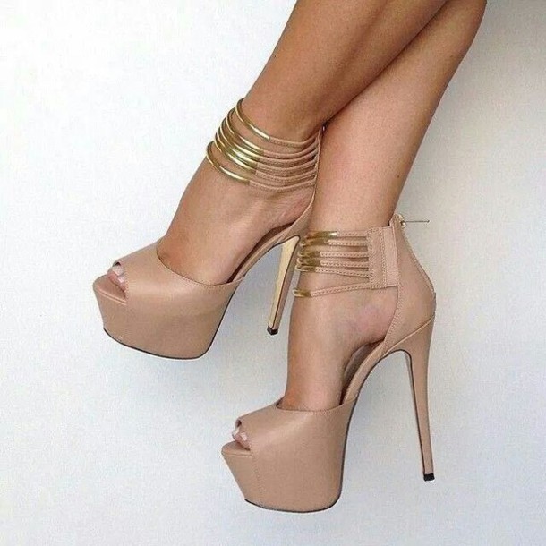 shoes, nude high heels, beige dress, beige, gold, strappy heels