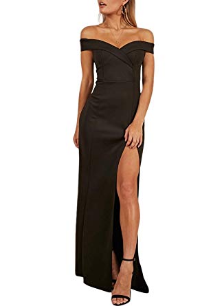 ZKESS Women's Off The Shoulder One Sleeve Slit Maxi Party Prom Dress