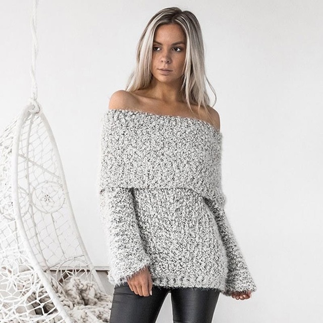 Women Sweaters Sexy Off Shoulder Jumper For Party Slash Neck Long